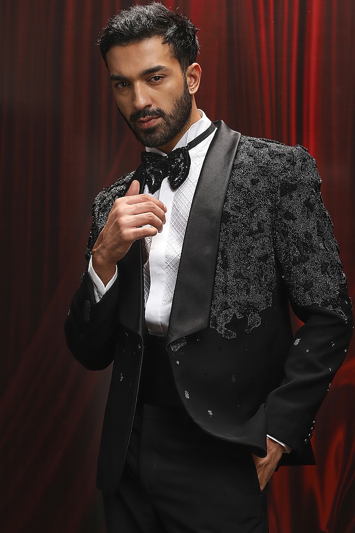 Black Velvet Zari Embroidered Tuxedo Set by ASUKA at Pernia's Pop Up Shop