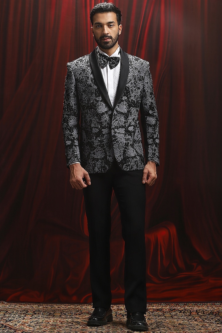 Black Velvet Cutdana Embroidered Tuxedo Set by ASUKA