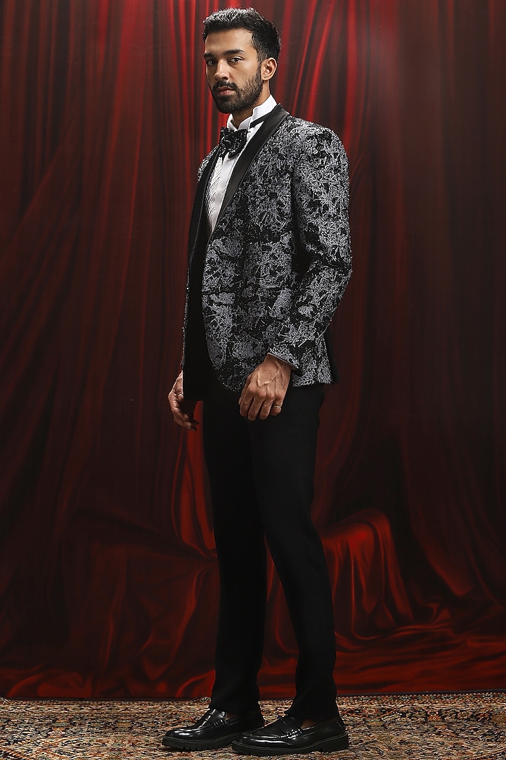 Black Velvet Cutdana Embroidered Tuxedo Set by ASUKA at Pernia's Pop Up Shop