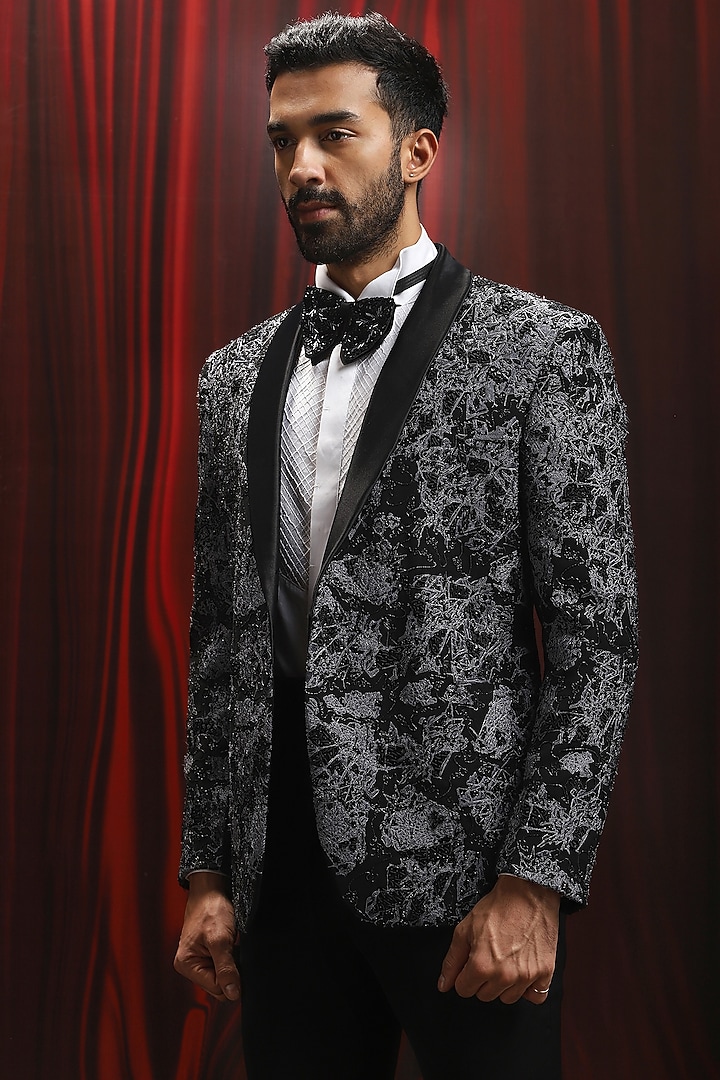 Black Velvet Cutdana Embroidered Tuxedo Set by ASUKA at Pernia's Pop Up Shop