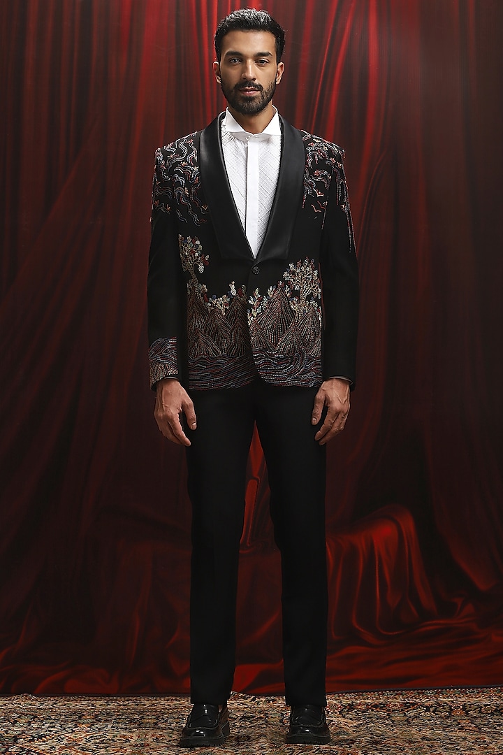 Black Velvet Thread Kantha Work Tuxedo Set by ASUKA at Pernia's Pop Up Shop