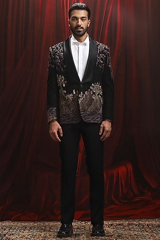 Black Velvet Thread Kantha Work Tuxedo Set by ASUKA