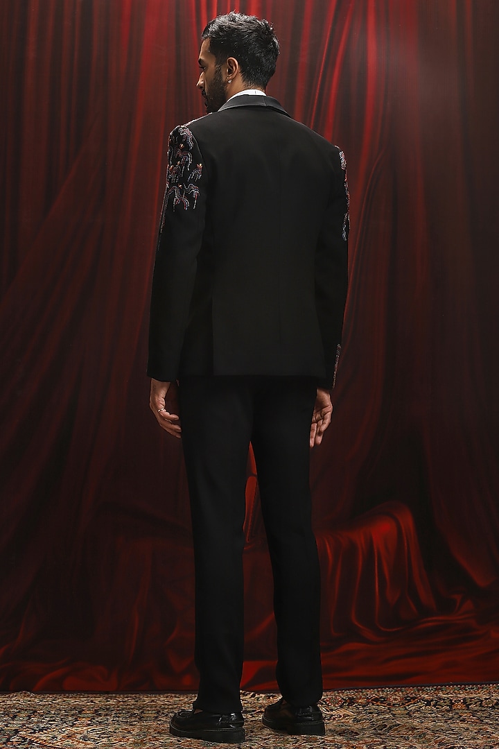 Black Velvet Thread Kantha Work Tuxedo Set by ASUKA at Pernia's Pop Up Shop