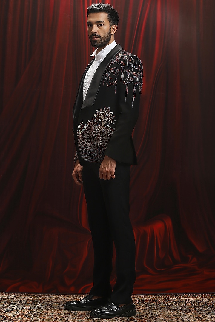 Black Velvet Thread Kantha Work Tuxedo Set by ASUKA at Pernia's Pop Up Shop