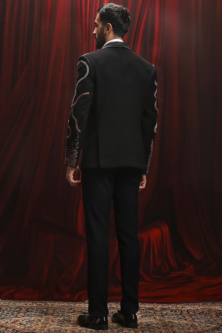 Black Velvet Thread Kantha Work Tuxedo Set by ASUKA at Pernia's Pop Up Shop