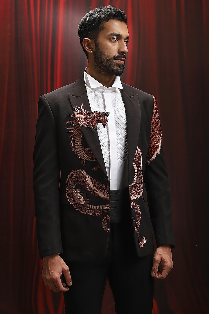 Black Velvet Thread Kantha Work Tuxedo Set by ASUKA at Pernia's Pop Up Shop