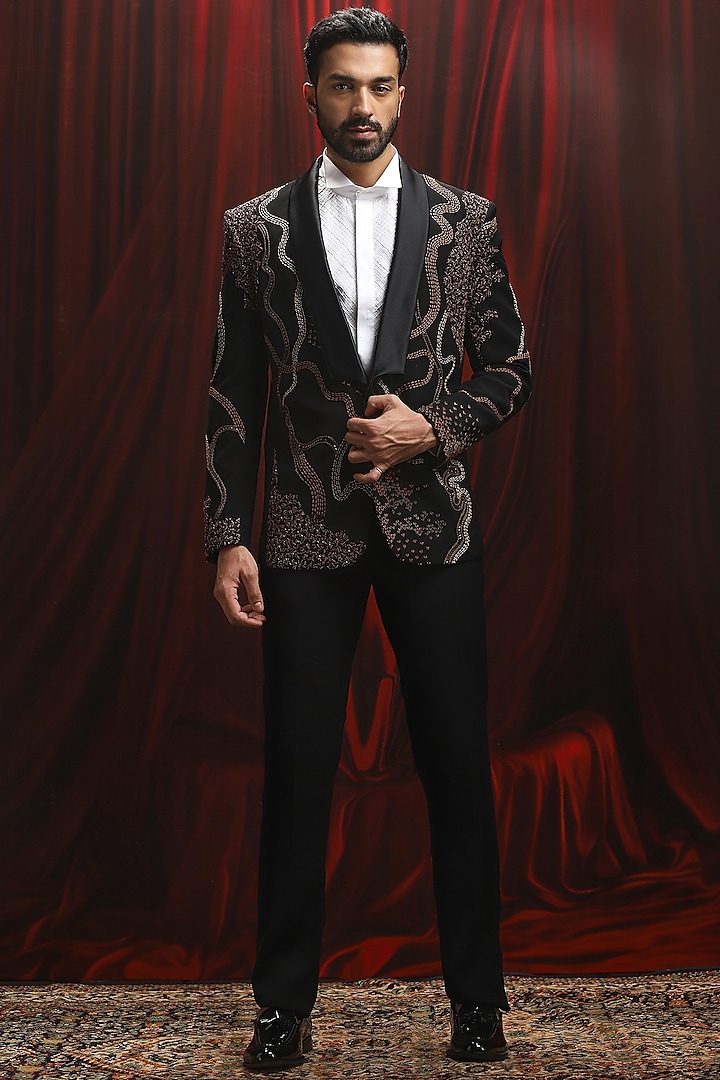 Black Velvet Thread Kantha Work Tuxedo Set by ASUKA