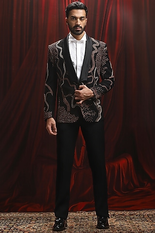 Black Velvet Thread Kantha Work Tuxedo Set by ASUKA
