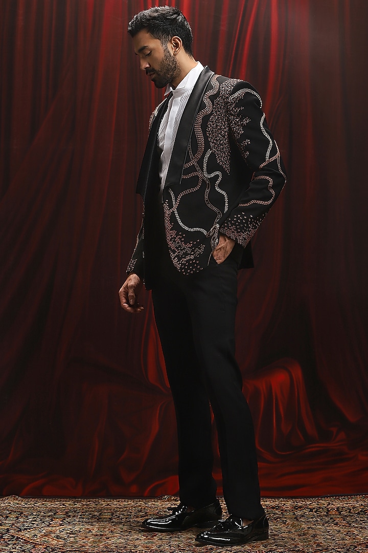 Black Velvet Thread Kantha Work Tuxedo Set by ASUKA at Pernia's Pop Up Shop