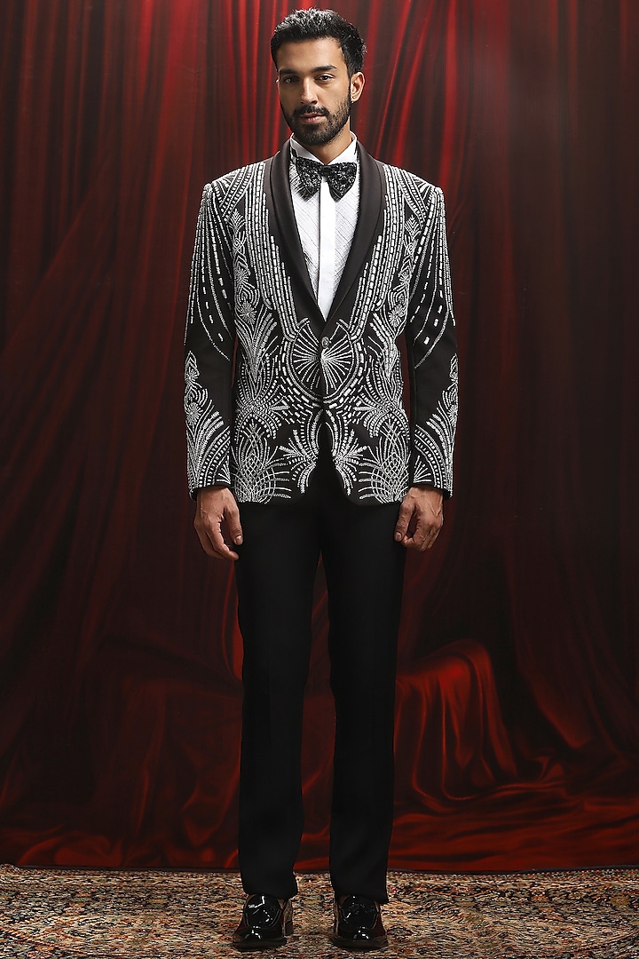 Black Velvet Thread Kantha Work Tuxedo Set by ASUKA