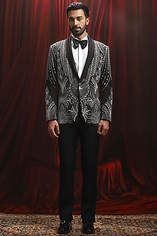 Black Velvet Thread Kantha Work Tuxedo Set by ASUKA