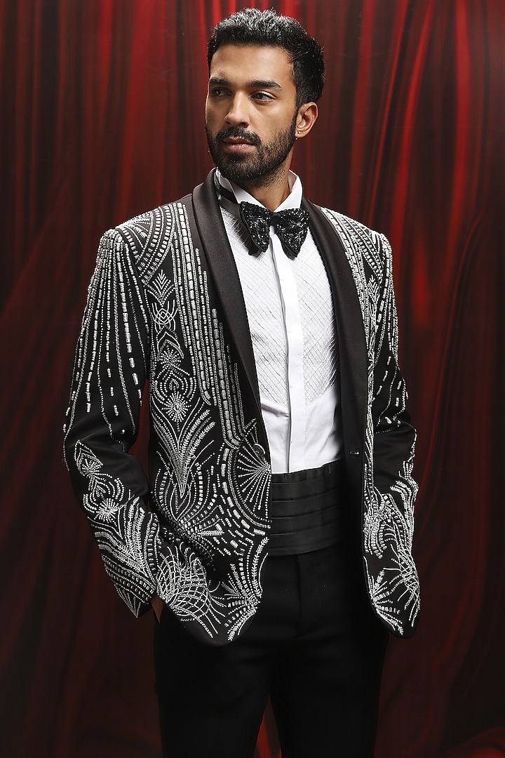 Black Velvet Thread Kantha Work Tuxedo Set by ASUKA at Pernia's Pop Up Shop