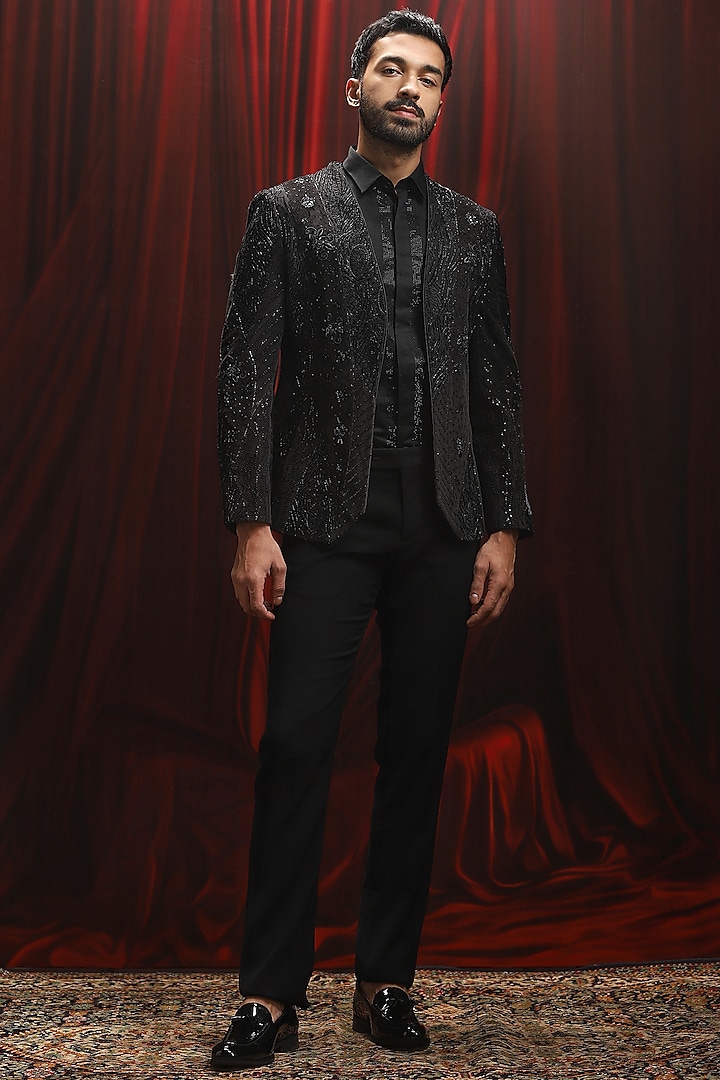 Black Velvet Sequins Embroidered Tuxedo Set by ASUKA