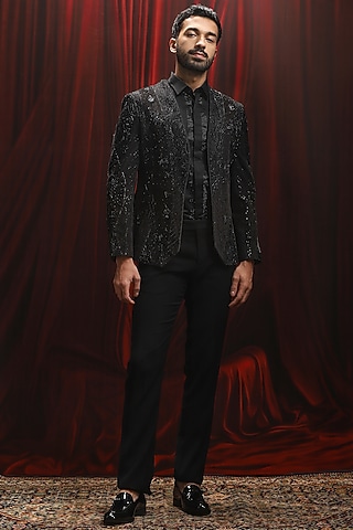 Black Velvet Sequins Embroidered Tuxedo Set by ASUKA