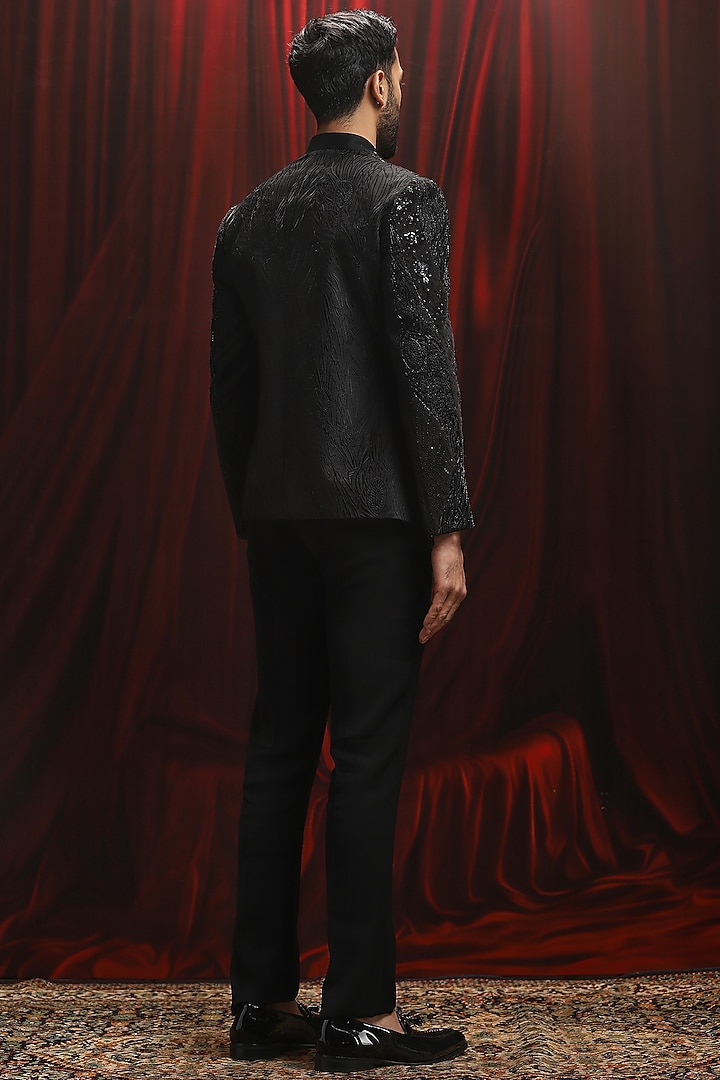 Black Velvet Sequins Embroidered Tuxedo Set by ASUKA at Pernia's Pop Up Shop
