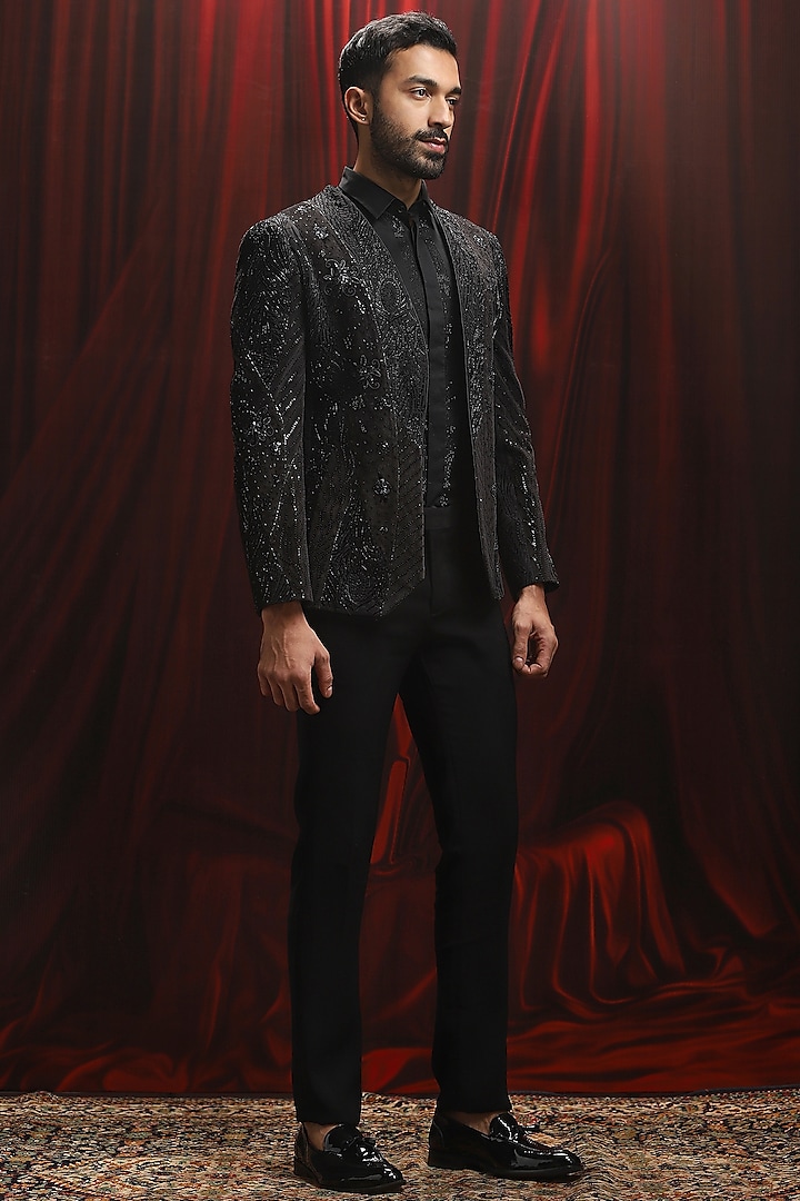 Black Velvet Sequins Embroidered Tuxedo Set by ASUKA at Pernia's Pop Up Shop