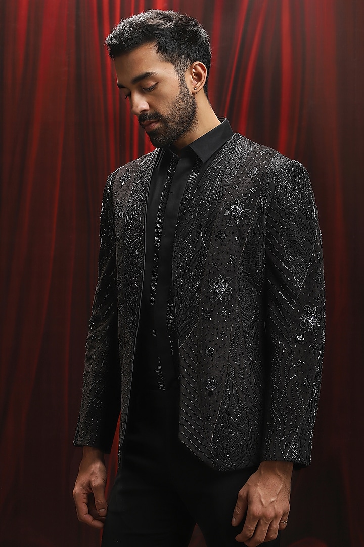 Black Velvet Sequins Embroidered Tuxedo Set by ASUKA at Pernia's Pop Up Shop