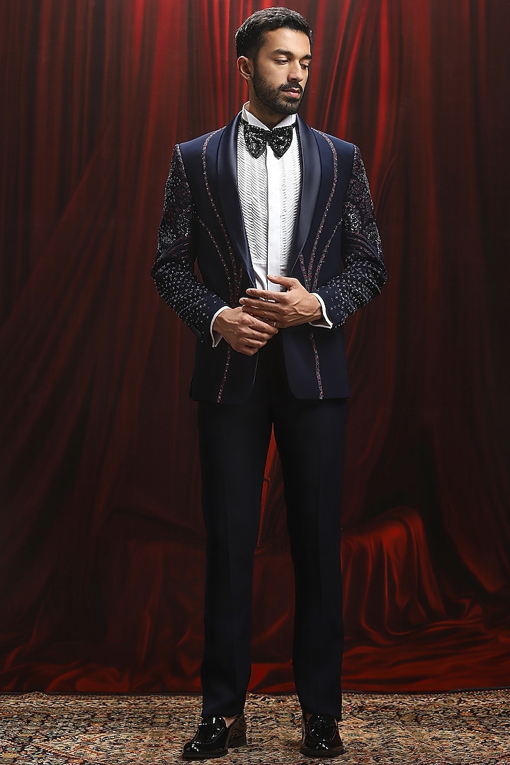 Navy Blue Velvet Cutdana Embroidered Tuxedo Set by ASUKA