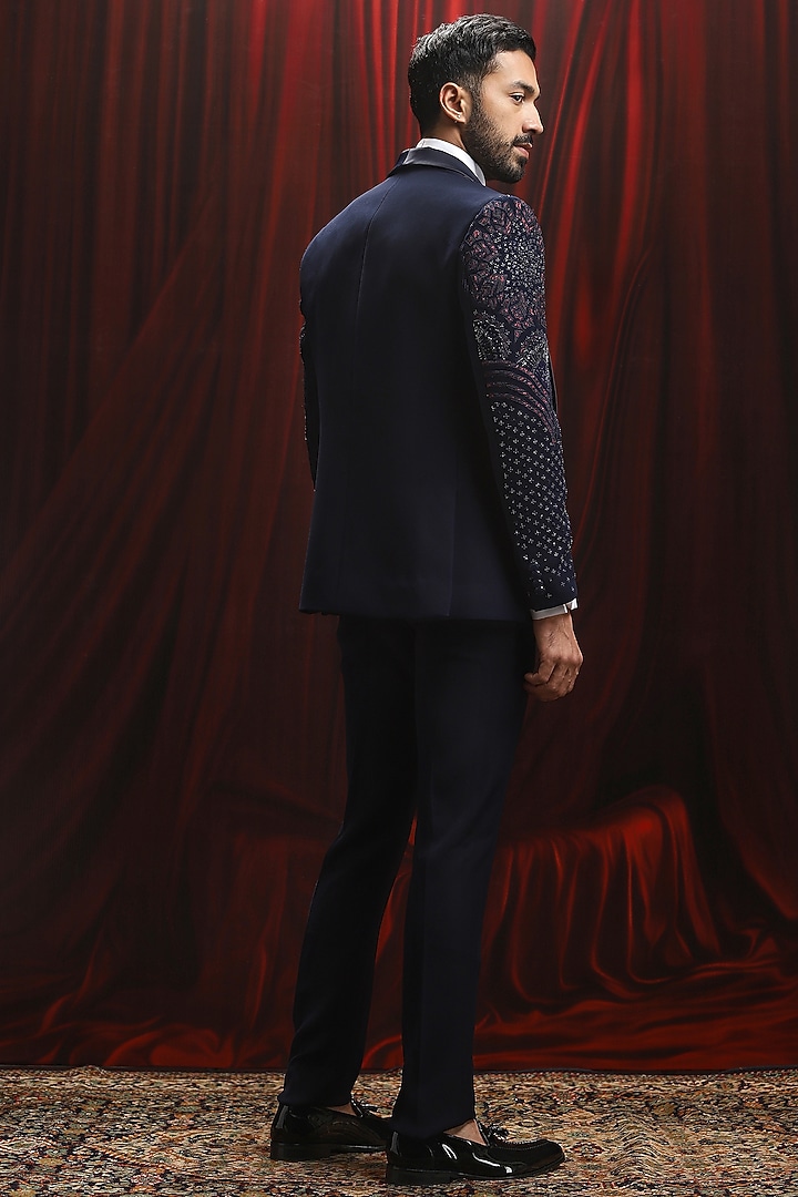Navy Blue Velvet Cutdana Embroidered Tuxedo Set by ASUKA at Pernia's Pop Up Shop