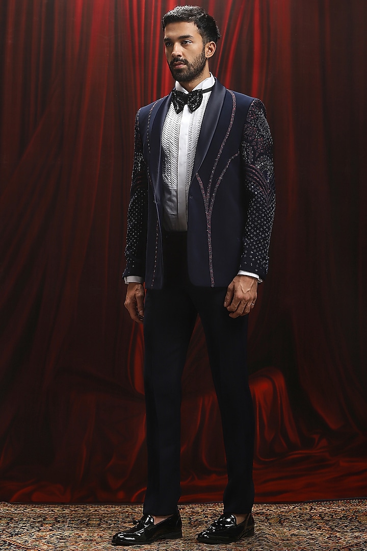 Navy Blue Velvet Cutdana Embroidered Tuxedo Set by ASUKA at Pernia's Pop Up Shop