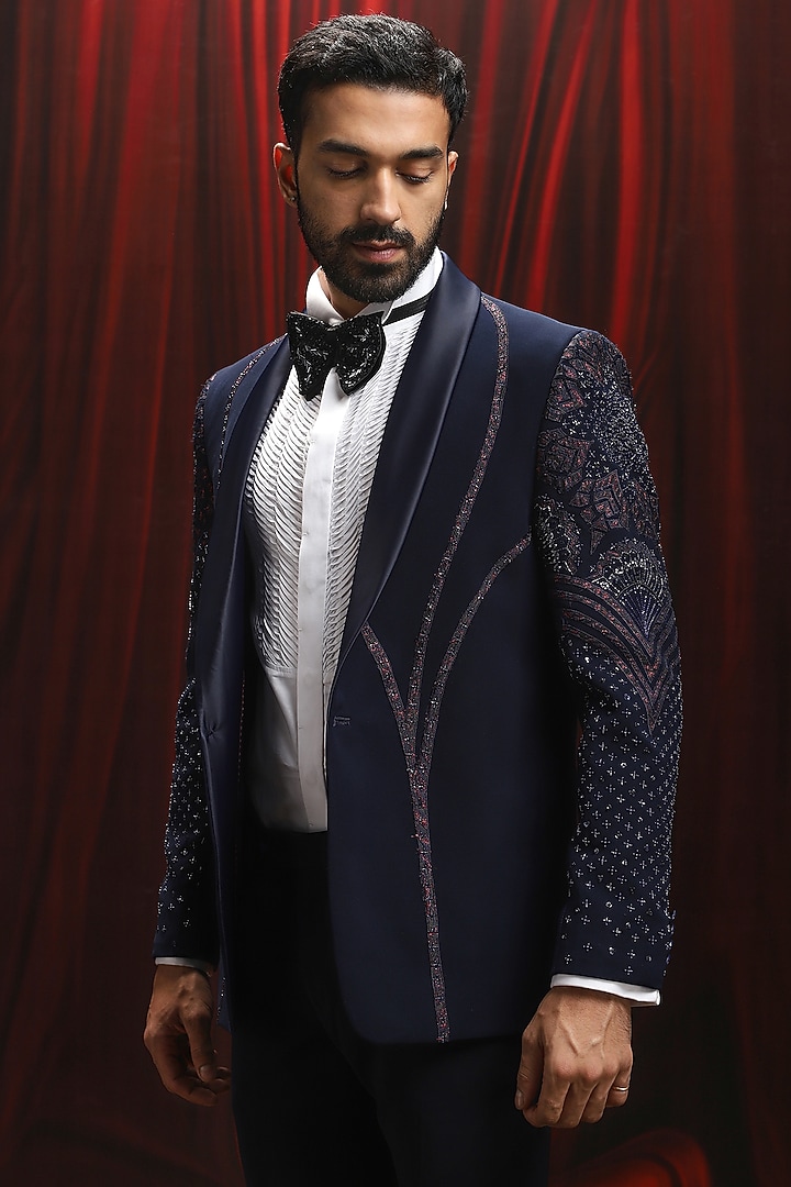 Navy Blue Velvet Cutdana Embroidered Tuxedo Set by ASUKA at Pernia's Pop Up Shop
