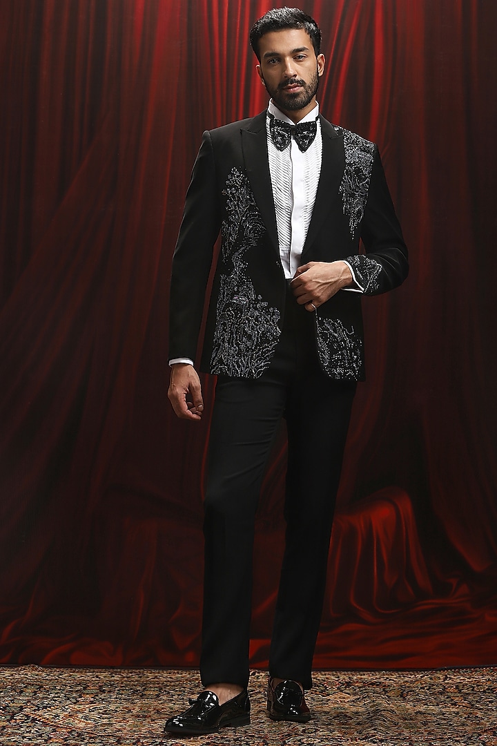 Black Velvet Cutdana Embroidered Tuxedo Set by ASUKA