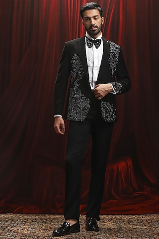 Black Velvet Cutdana Embroidered Tuxedo Set by ASUKA