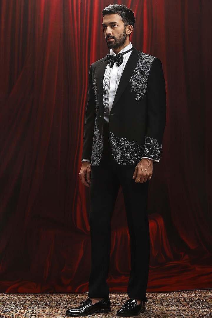 Black Velvet Cutdana Embroidered Tuxedo Set by ASUKA at Pernia's Pop Up Shop