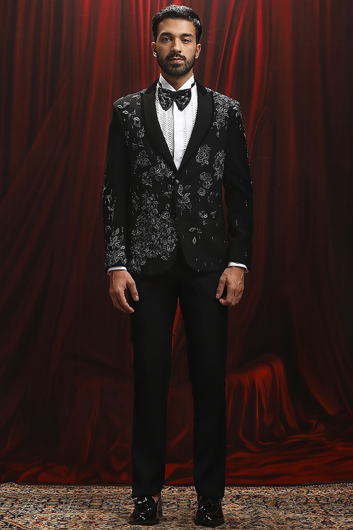 Black Velvet Cutdana Embellished Tuxedo Set by ASUKA