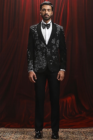 Black Velvet Cutdana Embellished Tuxedo Set by ASUKA