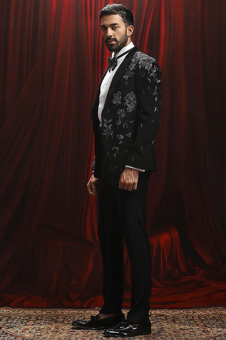 Black Velvet Cutdana Embellished Tuxedo Set by ASUKA at Pernia's Pop Up Shop