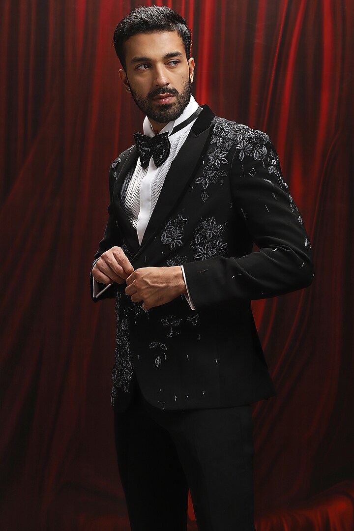 Black Velvet Cutdana Embellished Tuxedo Set by ASUKA at Pernia's Pop Up Shop
