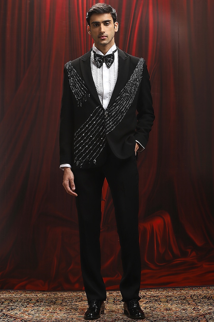 Black Velvet Embellished Tuxedo Set by ASUKA