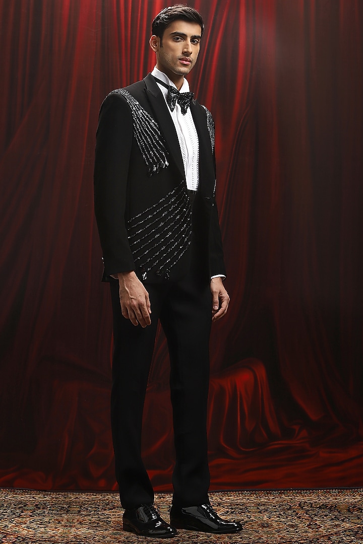 Black Velvet Embellished Tuxedo Set by ASUKA at Pernia's Pop Up Shop