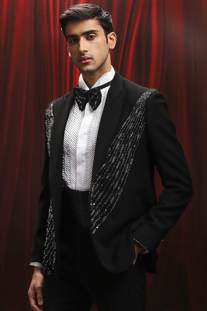 Black Velvet Embellished Tuxedo Set by ASUKA at Pernia's Pop Up Shop