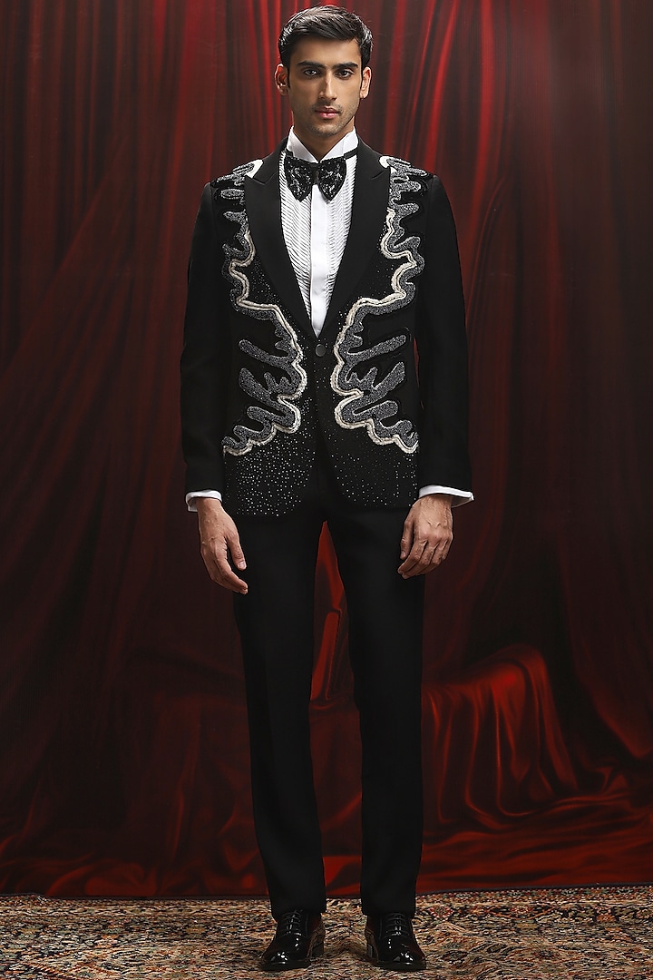 Black Velvet Cutdana Embellished Tuxedo Set by ASUKA