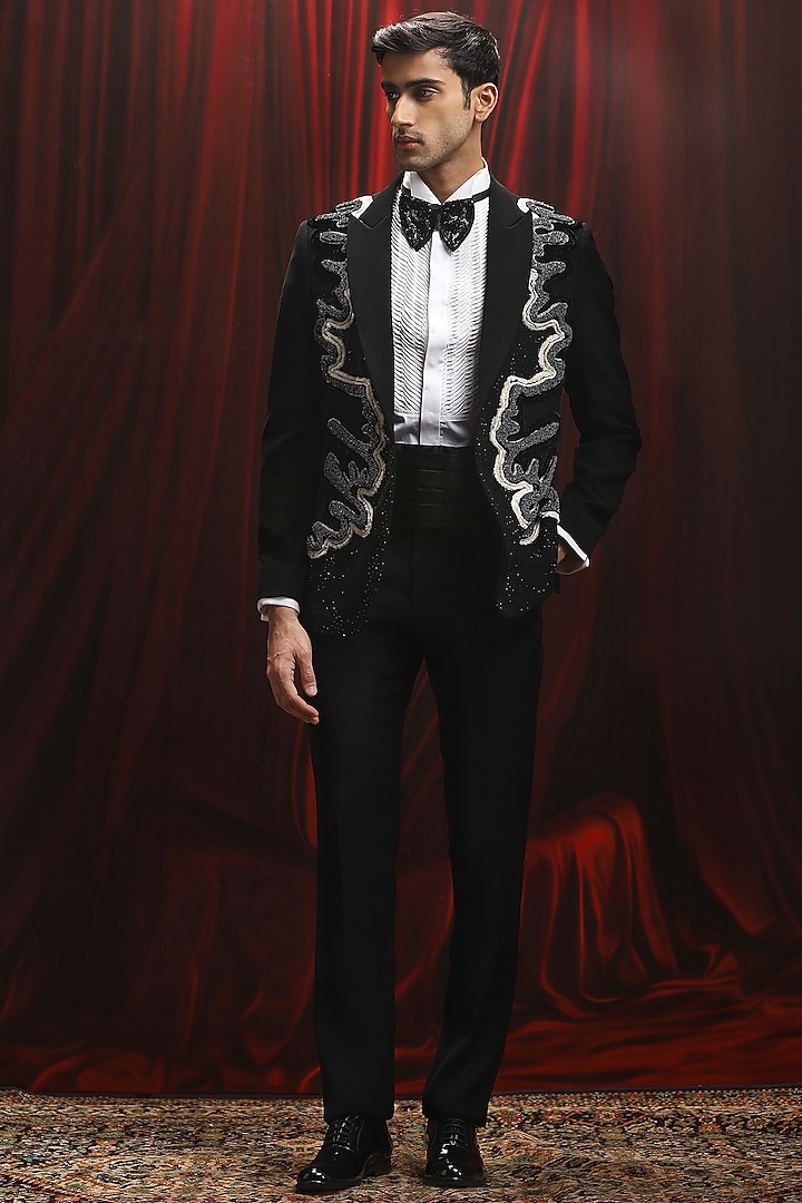 Black Velvet Cutdana Embellished Tuxedo Set by ASUKA at Pernia's Pop Up Shop