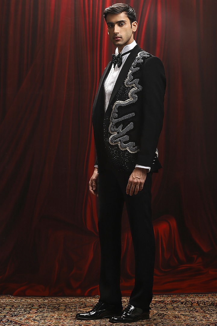 Black Velvet Cutdana Embellished Tuxedo Set by ASUKA at Pernia's Pop Up Shop