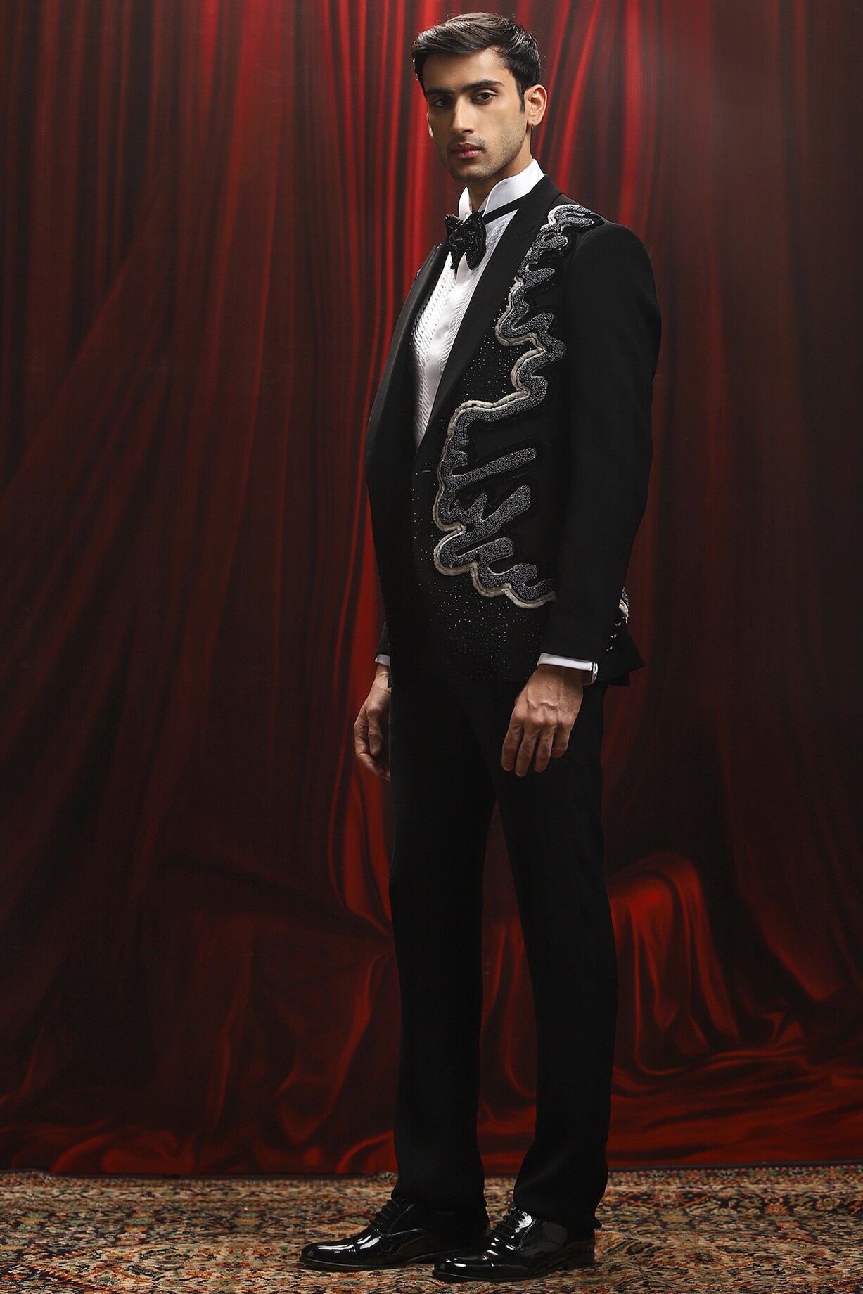 Velvet Embroidered Cutdana Work Gray Tuxedo Set