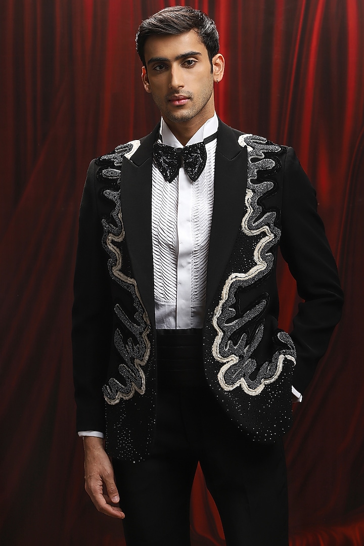Black Velvet Cutdana Embellished Tuxedo Set by ASUKA at Pernia's Pop Up Shop