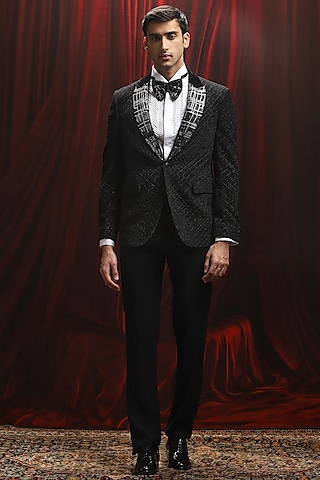 Black Jacquard Cutdana Work Tuxedo Set by ASUKA