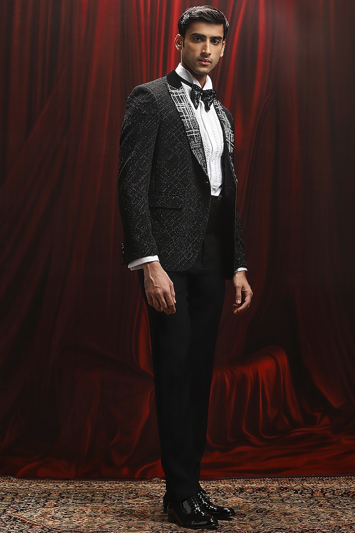 Black Jacquard Cutdana Work Tuxedo Set by ASUKA at Pernia's Pop Up Shop
