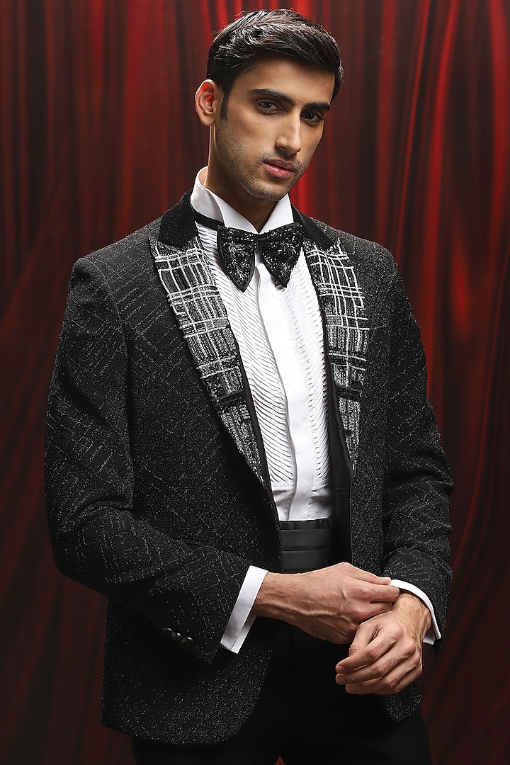 Black Jacquard Cutdana Work Tuxedo Set by ASUKA at Pernia's Pop Up Shop