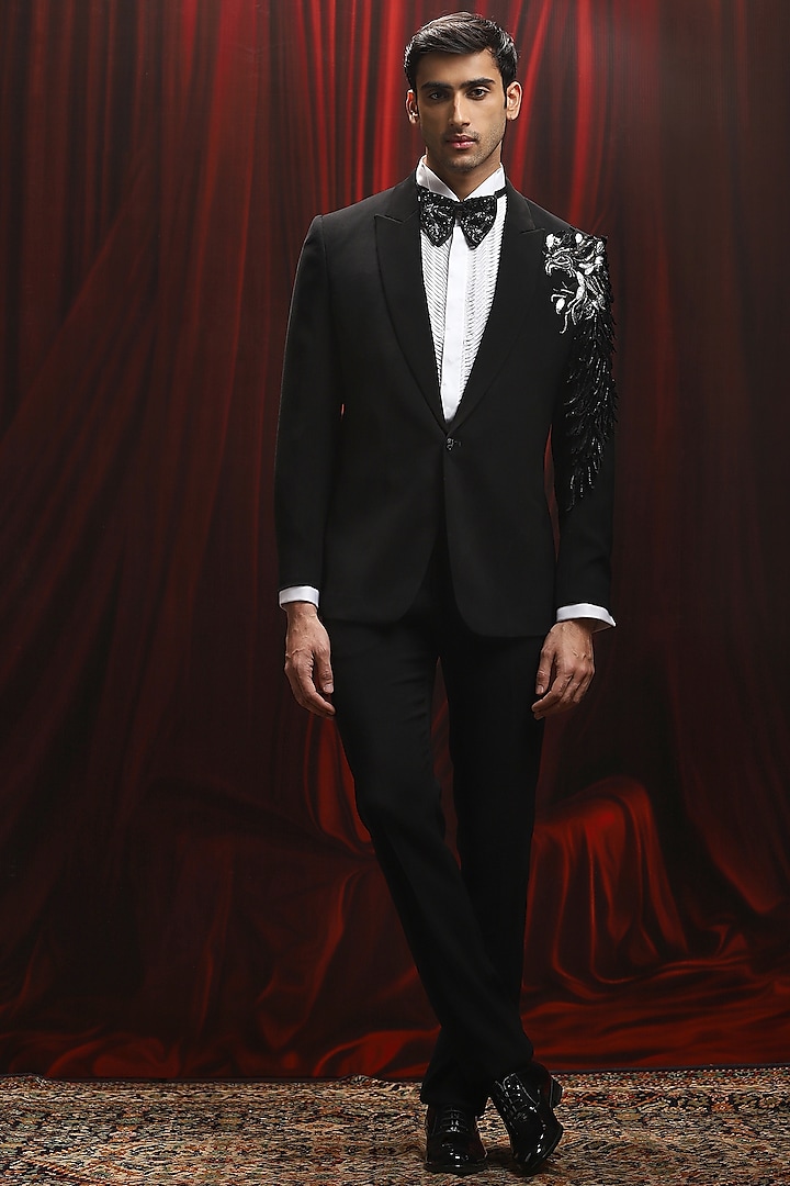 Black Wool Nalki Embellished Tuxedo Set by ASUKA at Pernia's Pop Up Shop