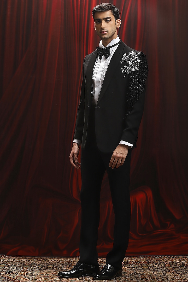Black Wool Nalki Embellished Tuxedo Set by ASUKA at Pernia's Pop Up Shop