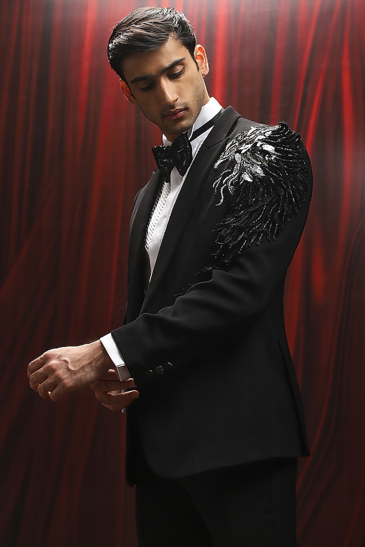 Black Wool Nalki Embellished Tuxedo Set by ASUKA at Pernia's Pop Up Shop