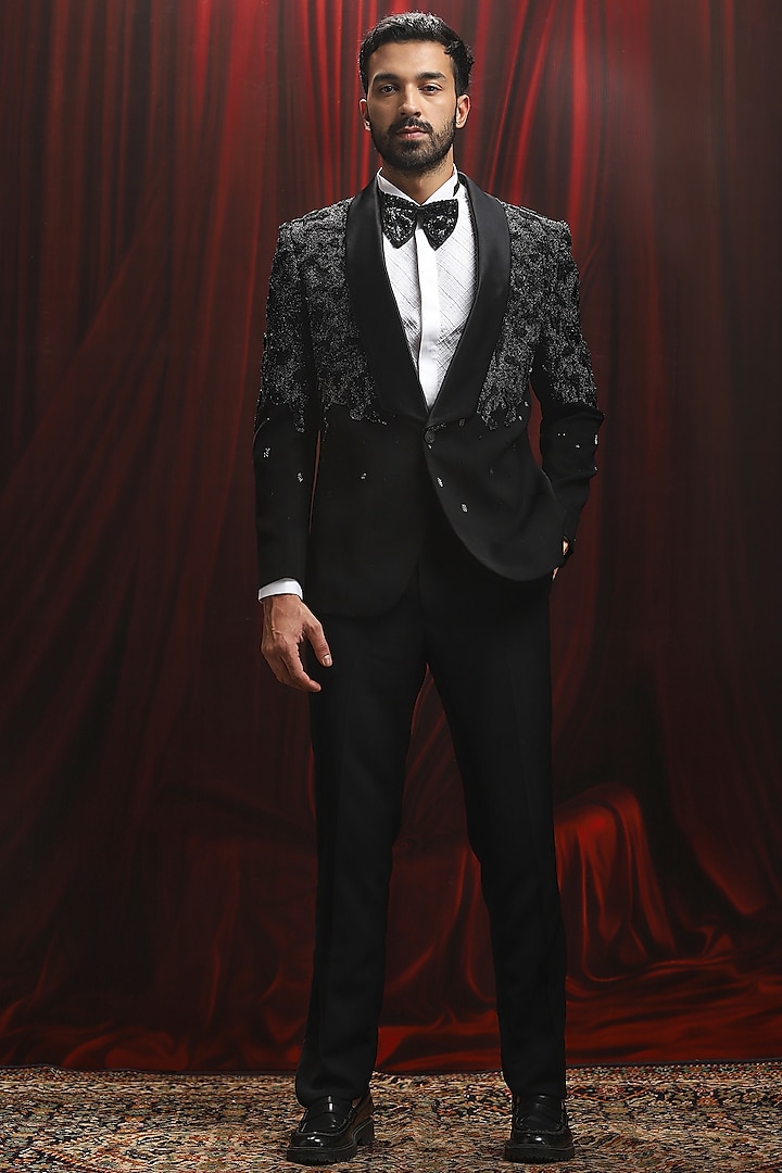 Black Jacquard Dori Embroidered Tuxedo Set by ASUKA