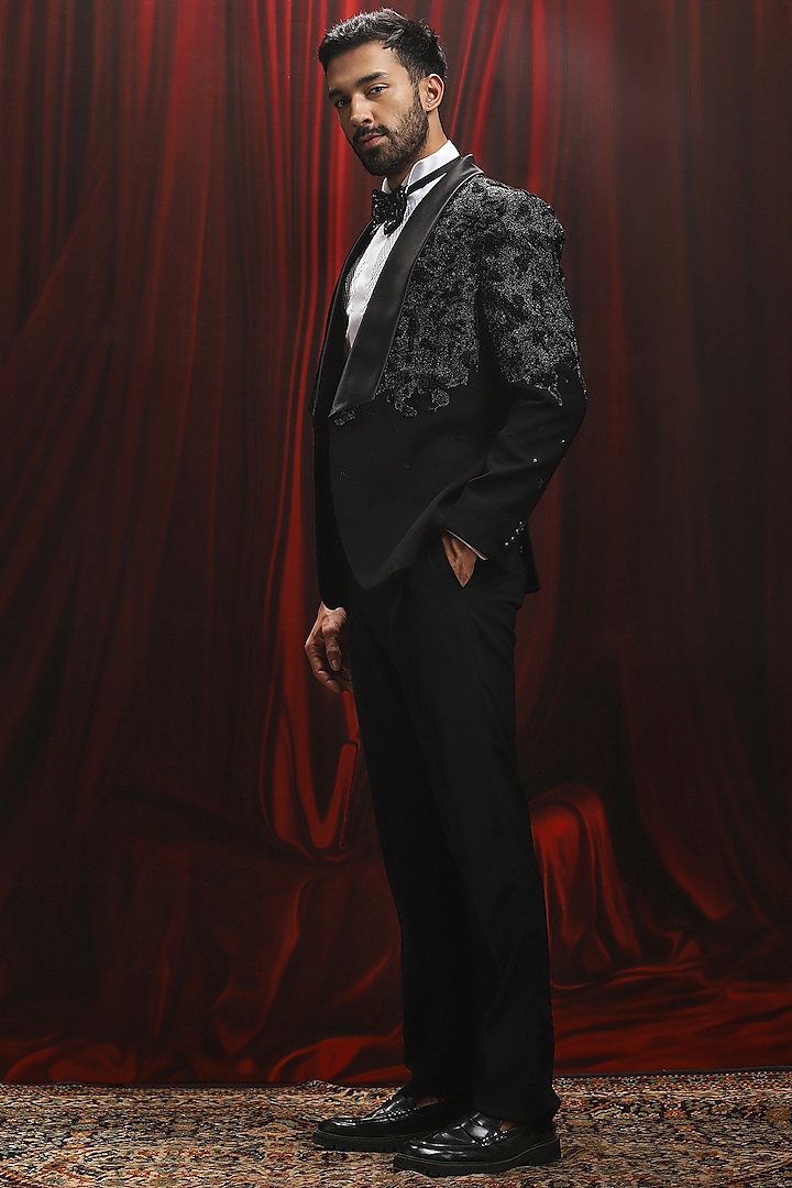 Black Jacquard Dori Embroidered Tuxedo Set by ASUKA at Pernia's Pop Up Shop