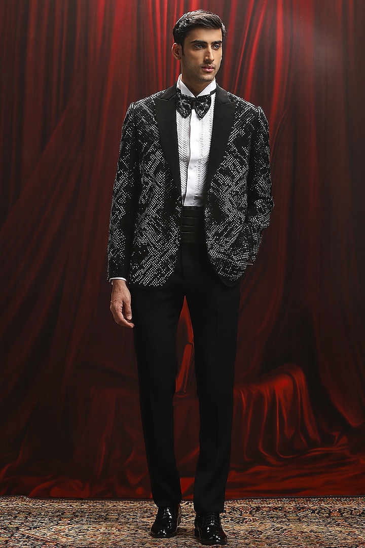 Black Jacquard Sequin Embellished Tuxedo Set by ASUKA