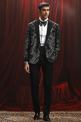 Black Jacquard Sequin Embellished Tuxedo Set by ASUKA